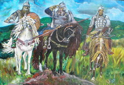 peinture d'une reproduction de trois héros des anciennes tribus slaves, ils sont avec leurs armures à cheval au milieu des steppes