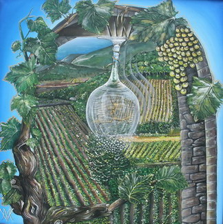 peinture d'une cloche de cristal dans un clocher avec des vignes derriere