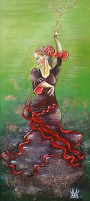 Danseuse flamenco en robe rouge bordeaux sur un fond vert claire