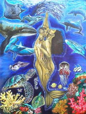 peinture d'un couple enlacé sous l'eau entouré d'animaux marins