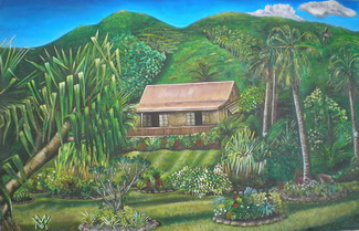 peinture d'un fare-maison au milieu de cocotiers en polynésie française