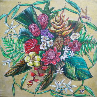 peinture d'un bouquet de fleurs tropicales de toutes les couleurs