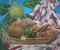 peinture d'une corbeille en bois de fruits exotiques polynésiens