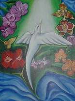 peinture d'un oiseau blanc qui vol vers la lumiere entouré par des fleurs