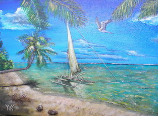 peinture d'une plage de cocotiers d'un motu à Tahaa avec une pirogue à voile polynésienne