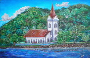 peinture du temple protestant de tiva à tahaa aux îles sous le vent de polynésie française